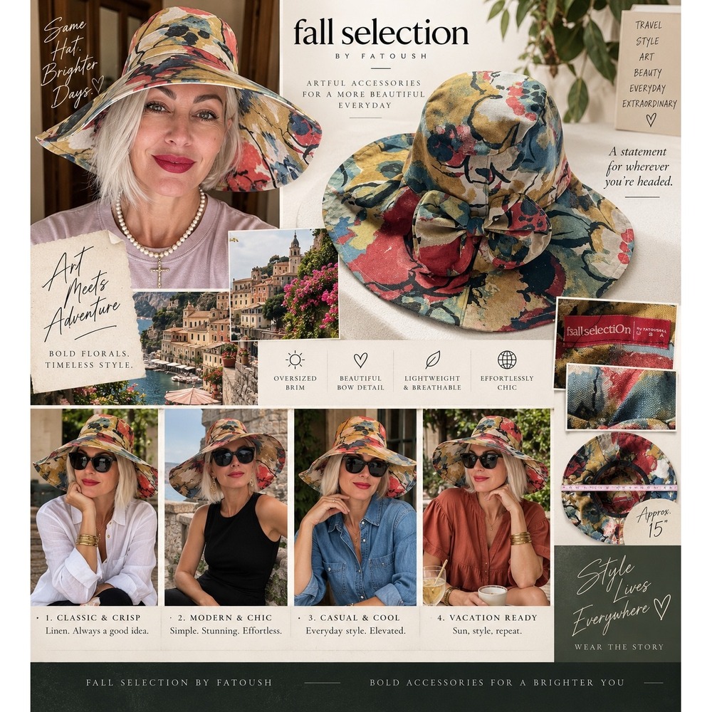 Fall Selection Fatoush Floral Wide Brim Sun Hat Oversized Bow Art Print Linen